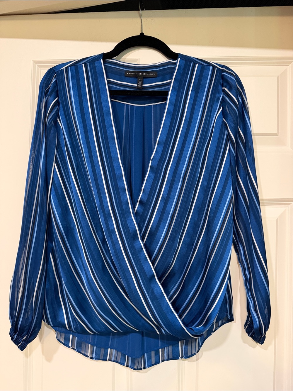 White House Black Market Blue & White Striped Wrap Blouse